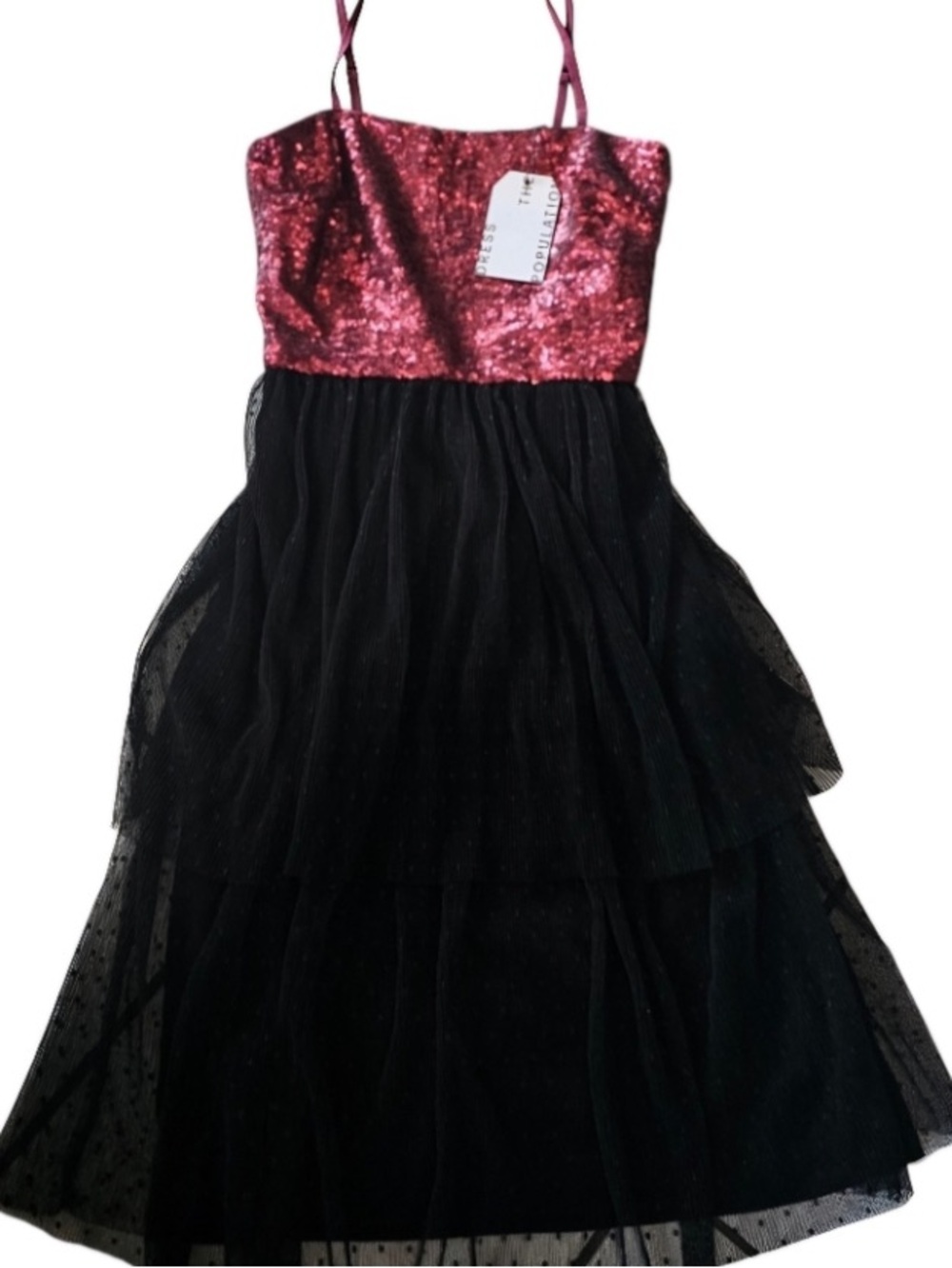 💕 NWT Dress The Population Kady Sequin Tiered Point D'Esprit Midi Dress Small
